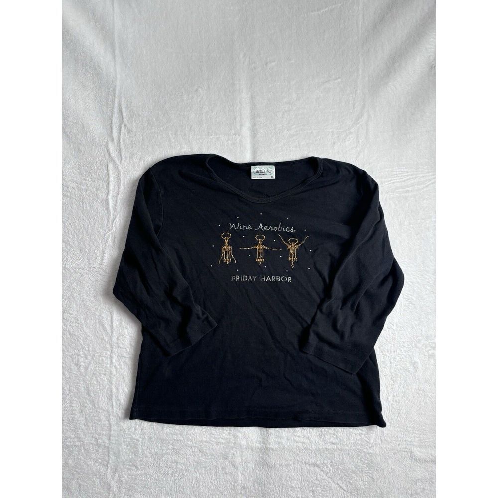 Y2K Cactus‎ Bay Apparel Wine Aerobics Friday Harbor Long Sleeve Black Shirt XL *